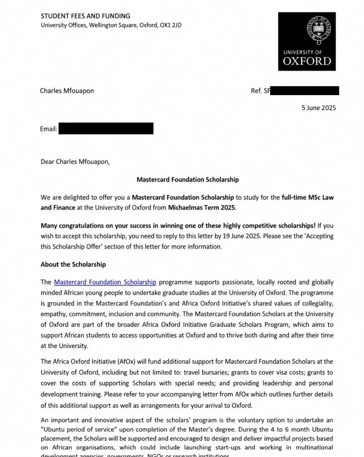 Mastercard Foundation Scholarship offer letter from the University of Oxford