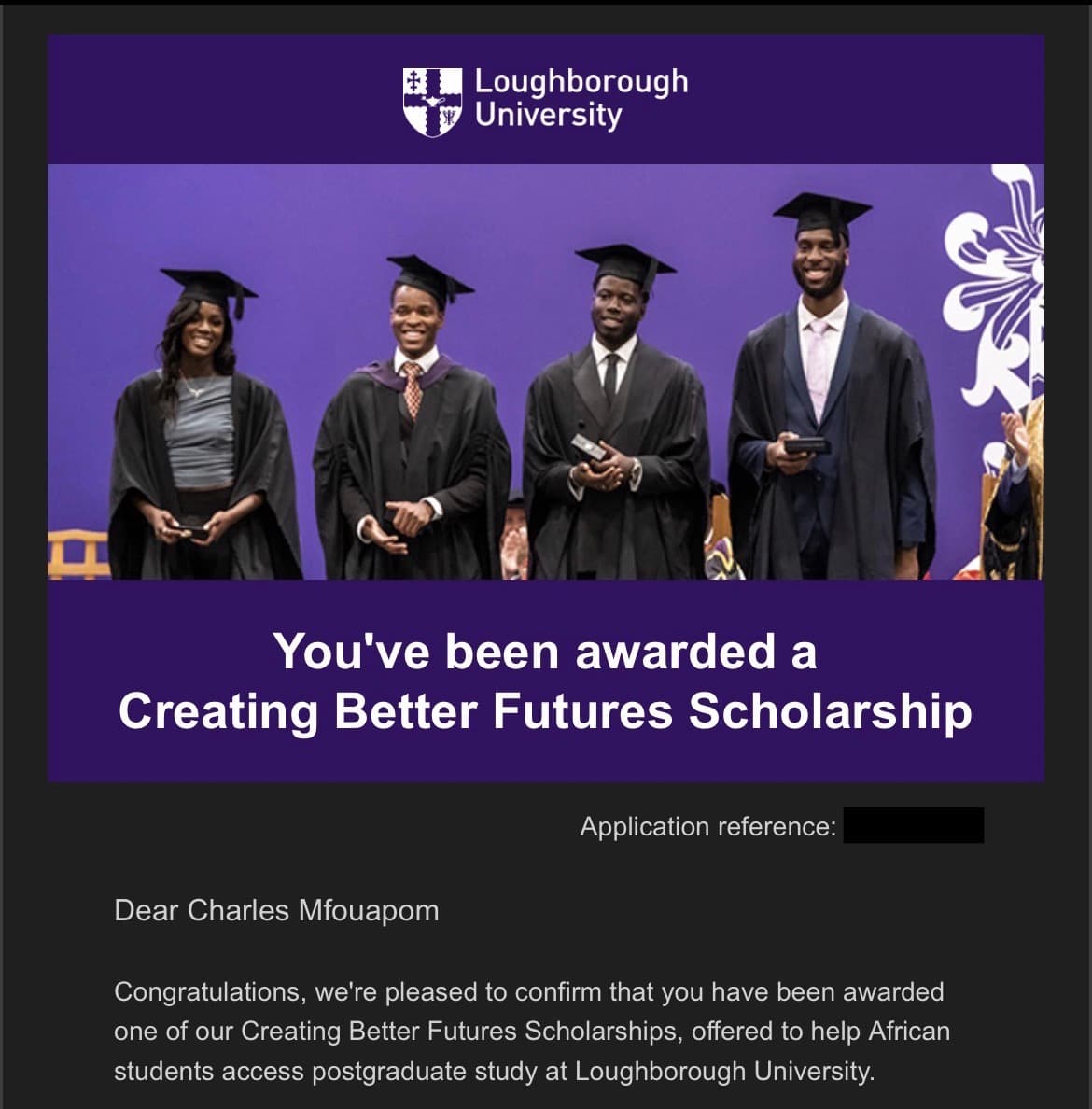 Creating Better Futures Scholarship confirmation from Loughborough University