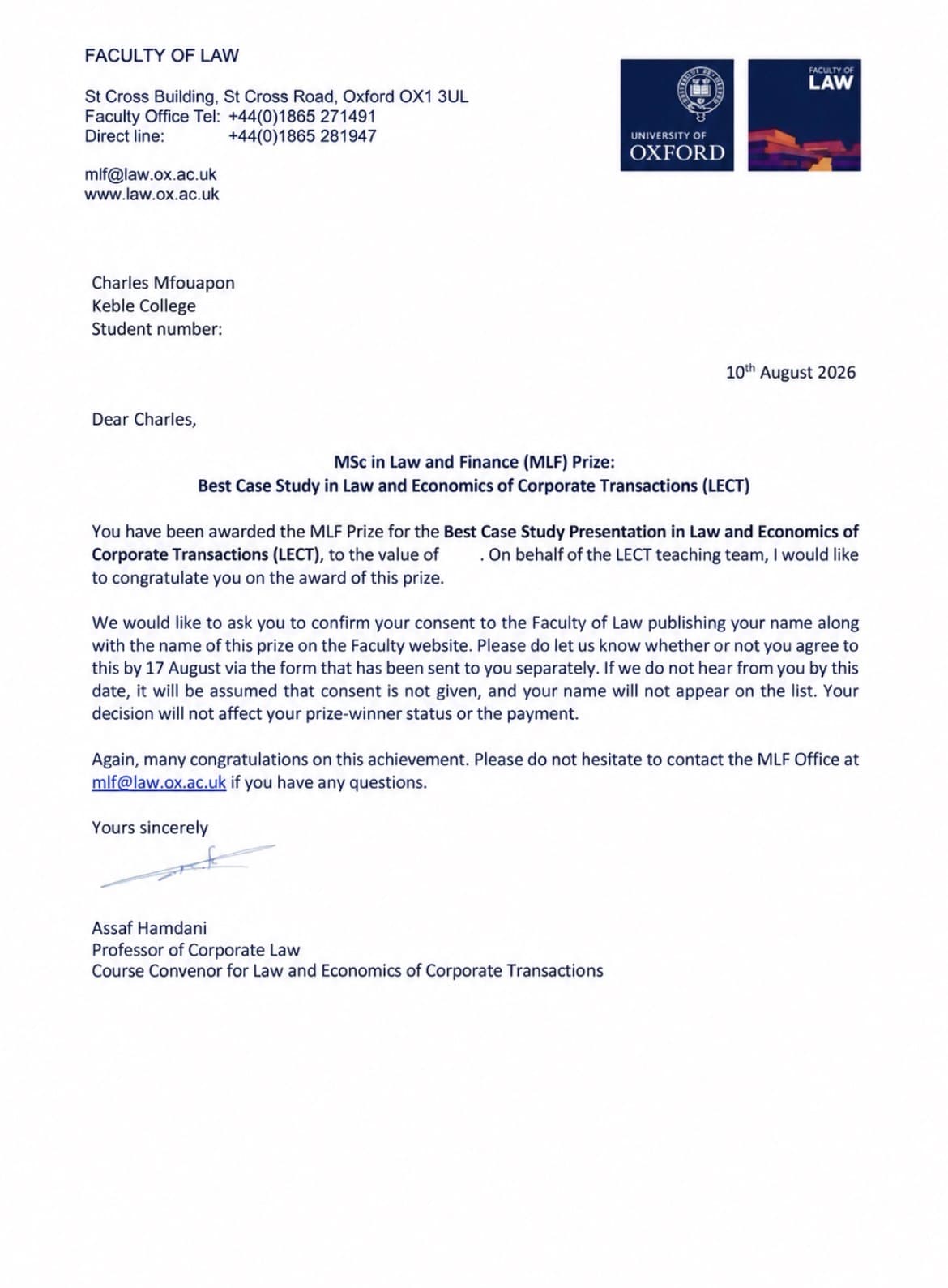 Letter from the University of Oxford Faculty of Law confirming the LECT prize