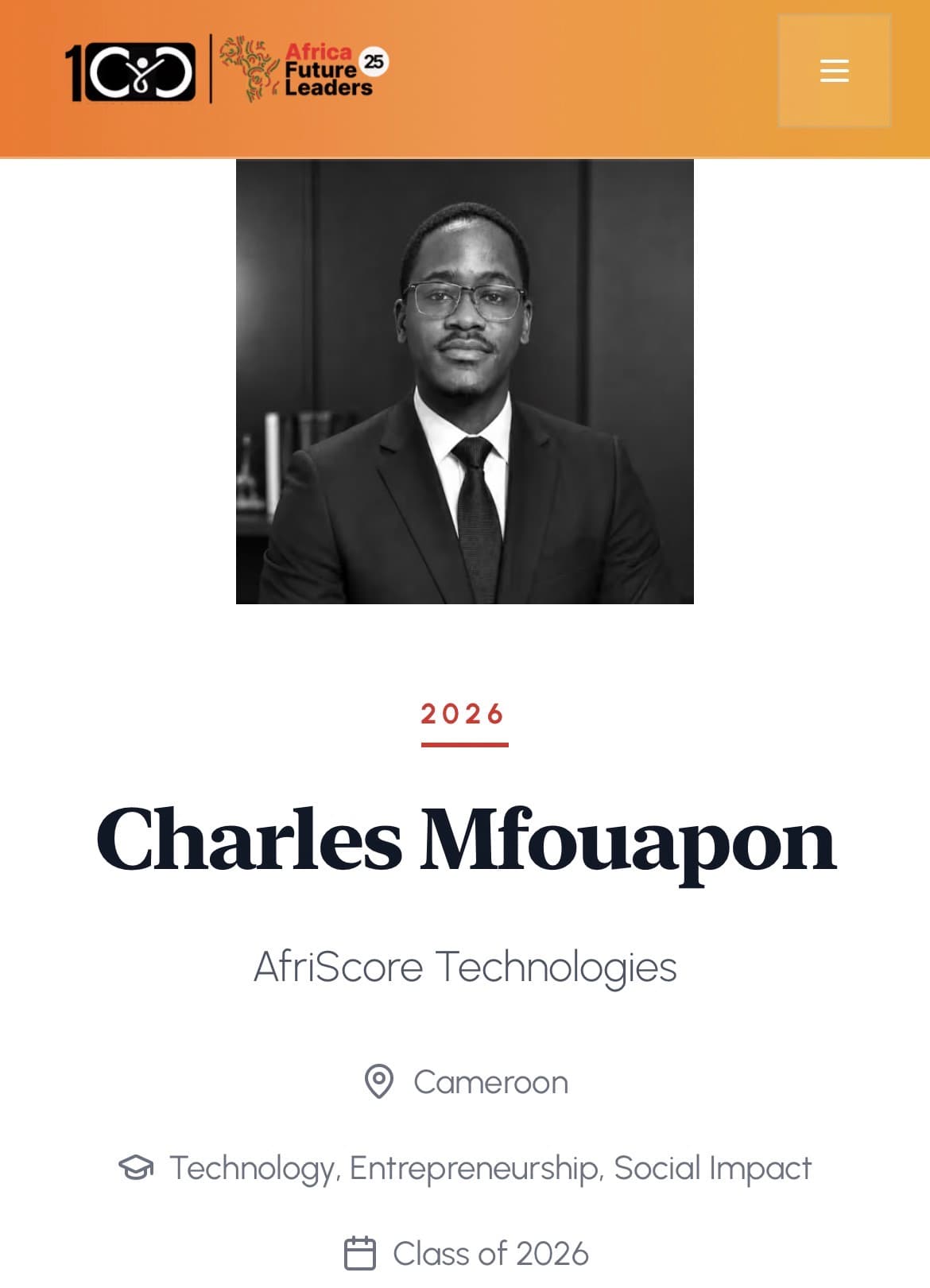 Top100 Africa Future Leaders profile page for Charles Mfouapon